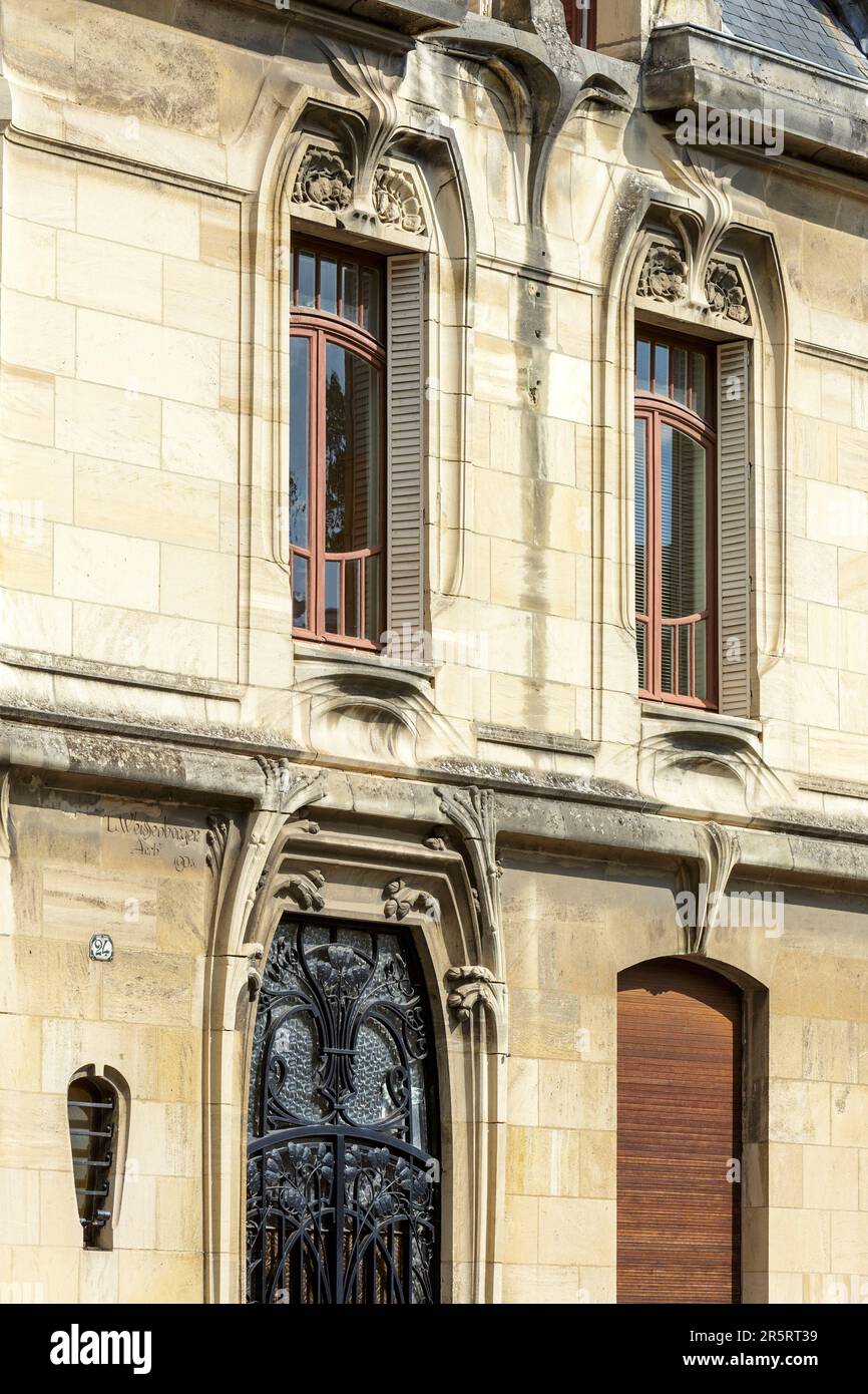 France, Meurthe et Moselle, Nancy, detail of the doorway of the Bergeret house with ironwork made of wrought iron representing flowers of lunaria annua also called money plant, a mansion in Art Nouveau Ecole de Nancy style by architect Lucien Weissenburger built between 1903 and 1905 for printer Albert Bergeret now property of the Universite de Lorraine (University of Lorraine) located Rue Lionnois Stock Photo