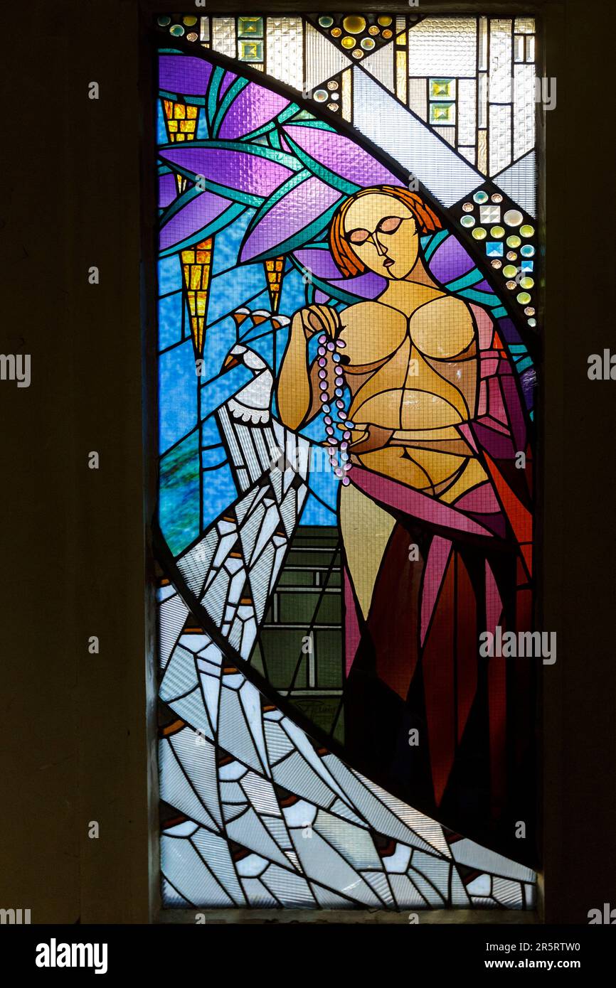 France, Meurthe et Moselle, Nancy, stained glass window realised in 1926 by  master glassmaker Georges Janin called La Luxure (lust), last existing of  the seven stained glass windows called the seven cardinal