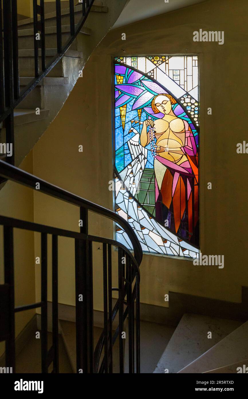 France, Meurthe et Moselle, Nancy, stained glass window realised in 1926 by  master glassmaker Georges Janin called La Luxure (lust), last existing of  the seven stained glass windows called the seven cardinal