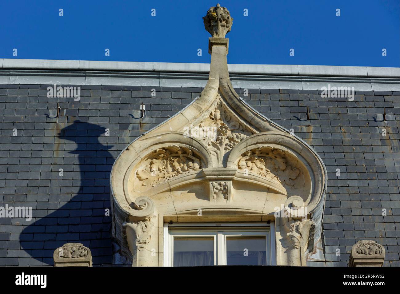 France, Meurthe et Moselle, Nancy, detail of the gabled dormer in Art Nouveau style of the Maison Bloch built between 1909 and 1910 after the plans of architect Charles Desire Bourgon for Auguste Bloch, a food manufacturer, located Cours Leopold Stock Photo