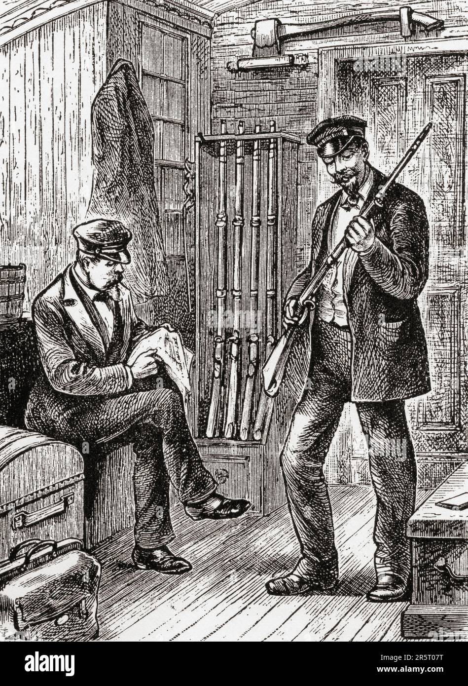 The baggage master's armoury, aboard the train to Atlanta, Georgia, USA, 19th century.  Presumably the railroad baggage master needed weapons to protect the passenger's baggage from theft.  From America Revisited: From The Bay of New York to The Gulf of Mexico, published 1886. Stock Photo