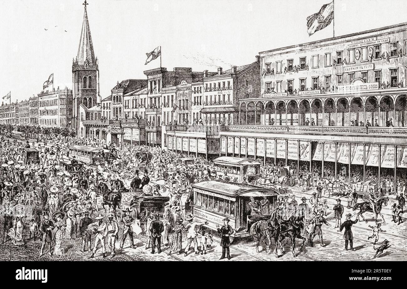 Canal Street, New Orleans, Louisiana, USA on the eve of the Mardi Gras carnival, 19th century.  From America Revisited: From The Bay of New York to The Gulf of Mexico, published 1886. Stock Photo