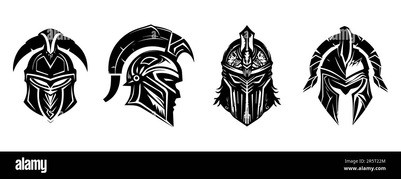 Vector set of gladiator warrior helmet black logos. Stock Vector