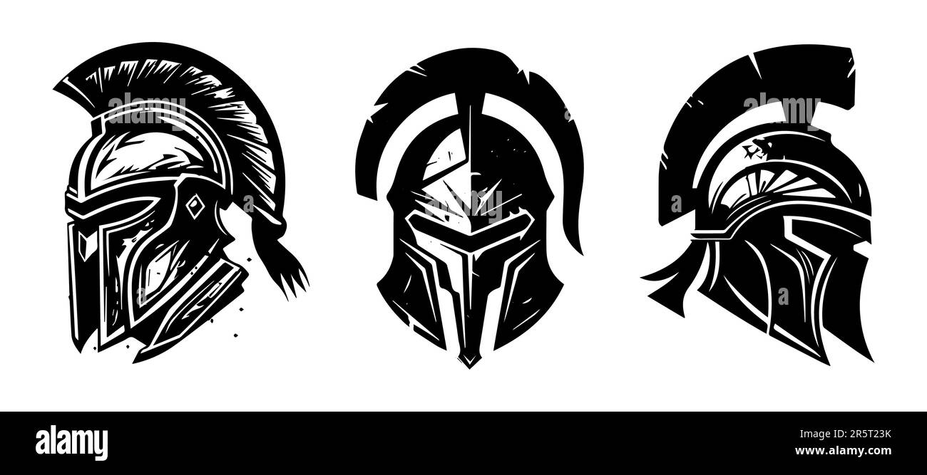 Vector set of spartan warrior helmet black logos. Stock Vector