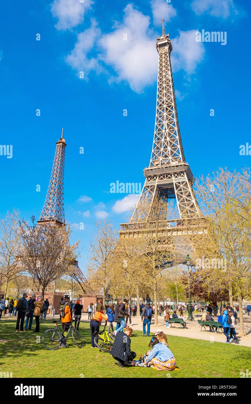 France, Paris, the Champs-de-Mars, 2nd ephemeral Eiffel Tower: Eiffela April 1 to 10, 2023, 32 meters, 23 tons, work of Vendeen Philippe Maindron Stock Photo