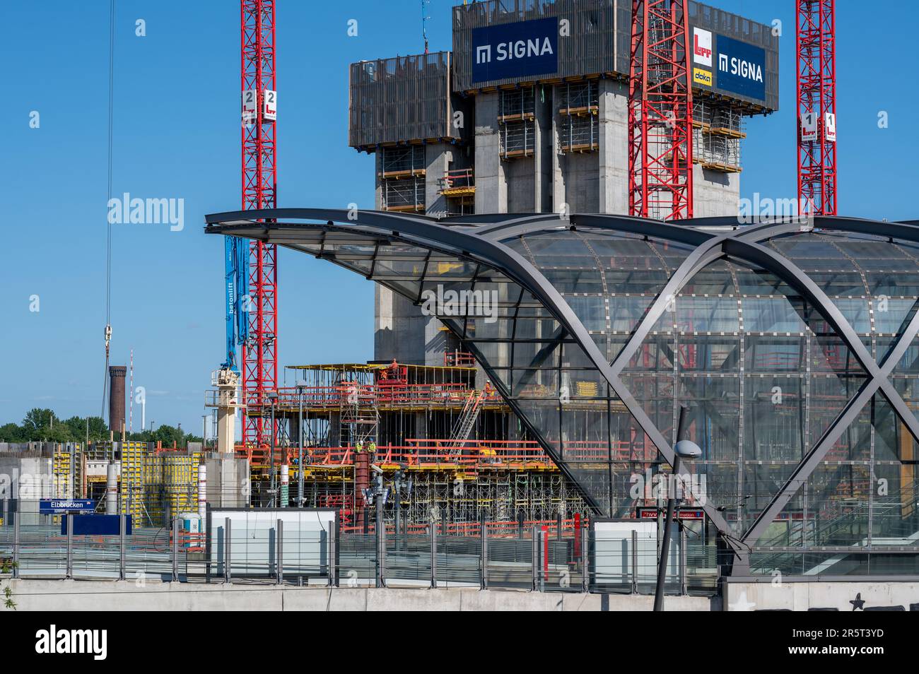 Construction site of  the new skyscraper 'Elbtower' behind the subway station 'Elbbruecken' in Hamburg, Germany. Picture taken at June 5th 2023. Stock Photo