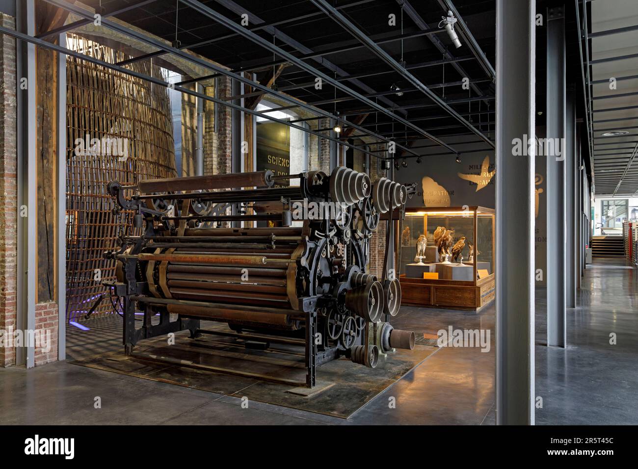 France, Seine-Maritime, Elbeuf-sur-Seine, designated as French Towns and Lands of Art and History, interior of the Fabrique des Savoirs (Knowledge Factory), former Blin et Blin weaving factory transformed into a museum and Architectural and Heritage Interpretation Centre Stock Photo