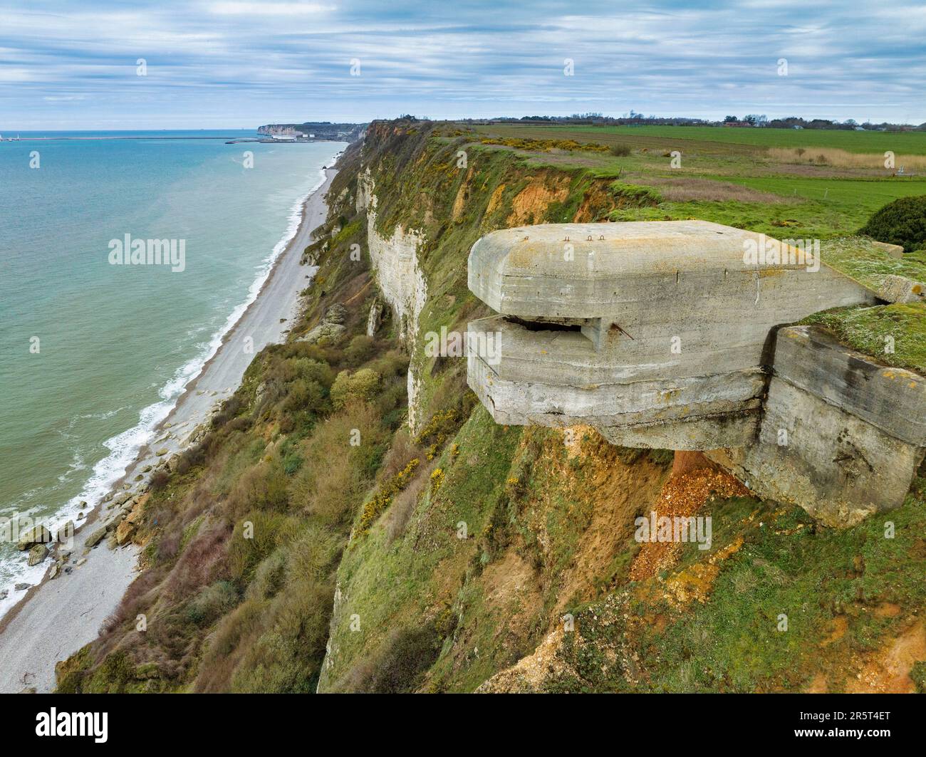 France, Seine Maritime, Heuqueville, Cote d'Abatre, the blockhouse of a German battery in the void following the erosion of the cliff (aerial view) Stock Photo