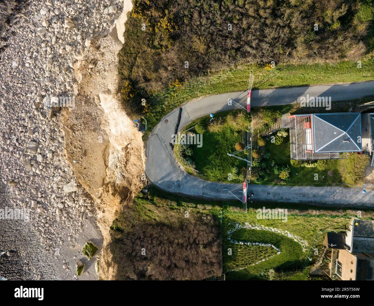 France, Normandy, Seine Maritime, Fecamp, Cap Fagnet, cliff collapse, cliff collapse, road cut (aerial view) Stock Photo