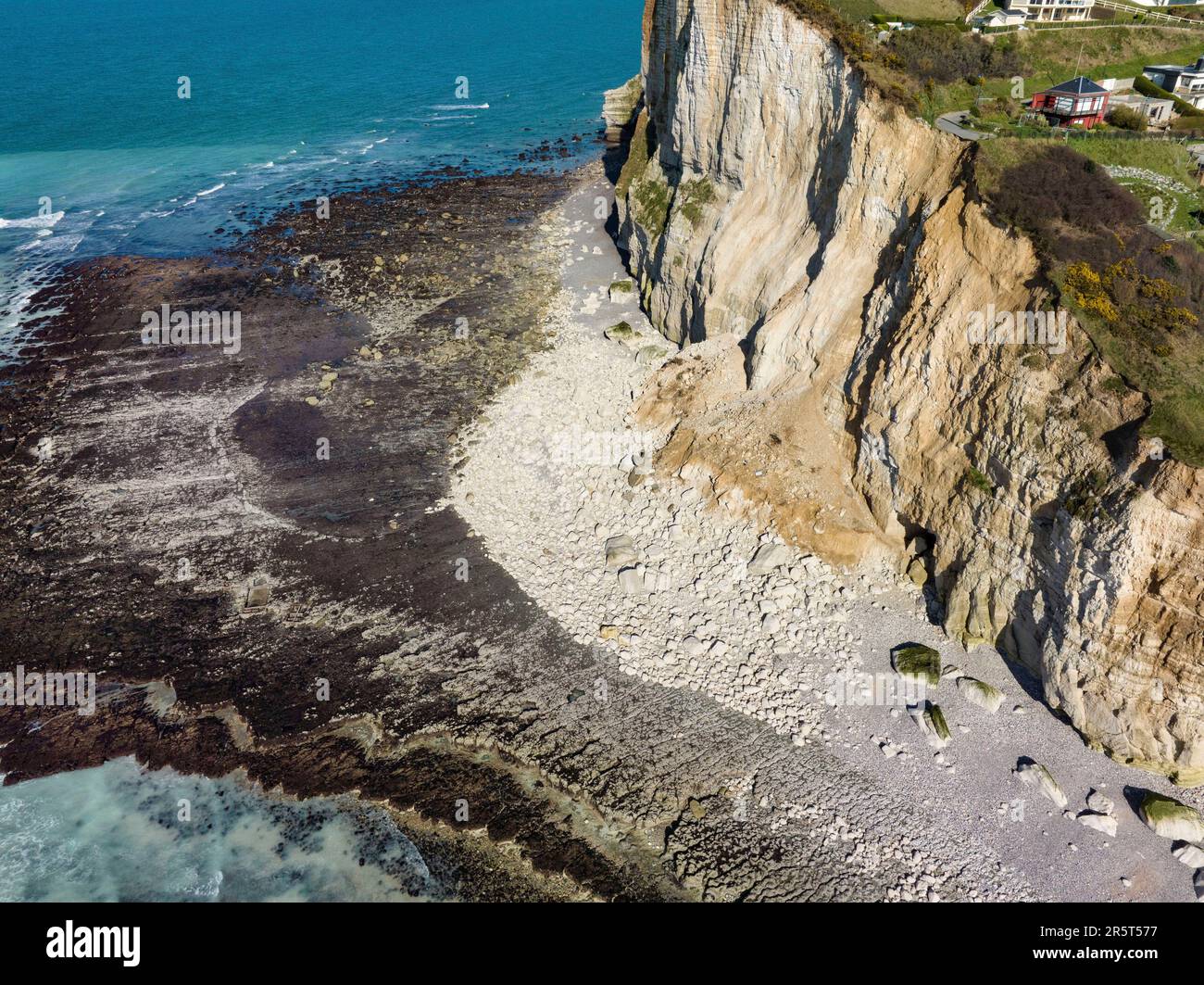 France, Normandy, Seine Maritime, Fecamp, Cap Fagnet, cliff collapse (aerial view) Stock Photo