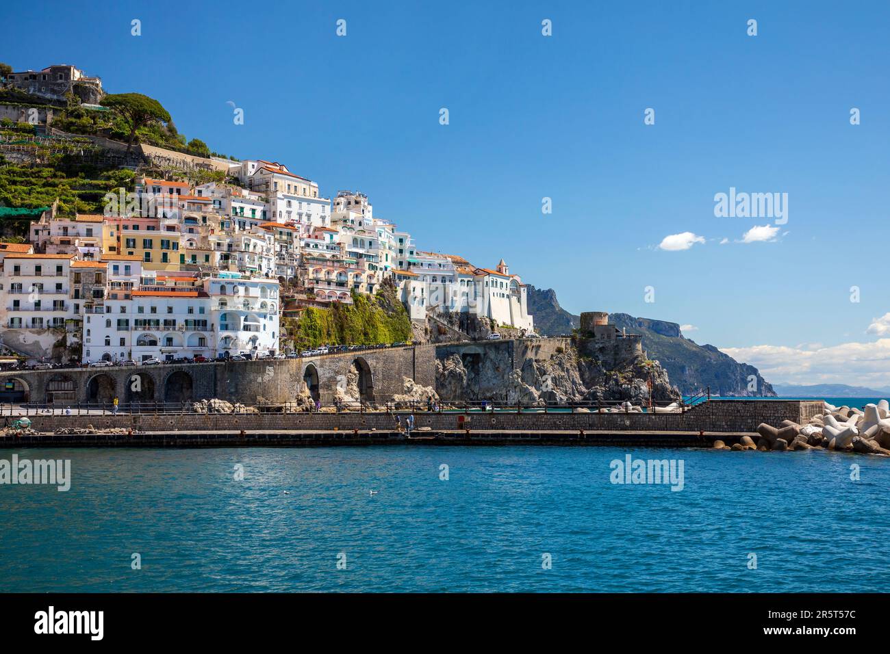 AMALFI TOWN, ITALY - APRIL 26th 2023: View of village of Amalfi, Italy, which  is a resort on Italian coast surrounded by cliffs and coastal scenery. Stock Photo