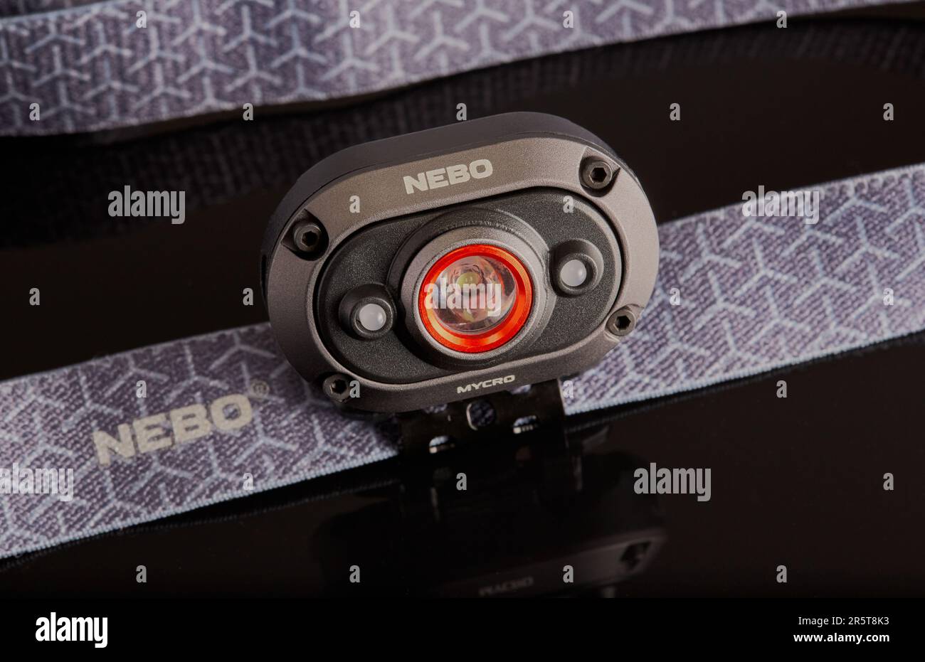 Mansfield,Nottingham,United Kingdom:Studio product image of a Nebo head torch on a black background. Stock Photo
