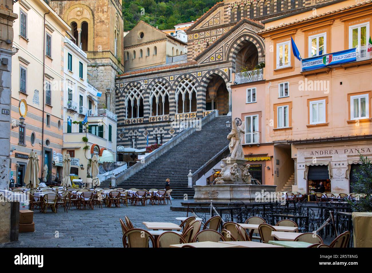 AMALFI TOWN, ITALY - APRIL 28th 2023: View of the Cathedral of St Andrea and the steps leading to it from the Piazza del Duomo. Amalfi, Italy Stock Photo