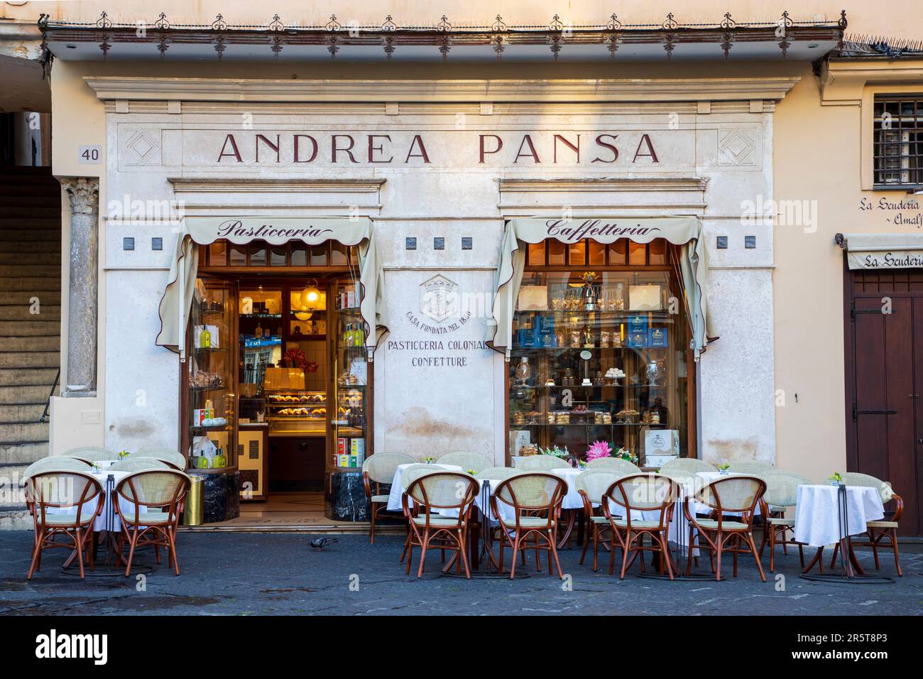 AMALFI TOWN, ITALY - APRIL 28th 2023: Pasticceria Andrea Pansa, Pastry shop and cafe is located on th emain square in Amalfi Town Stock Photo