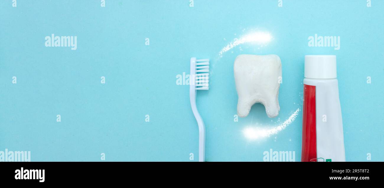 Close up of a toothbrush and toothpaste with white molar model and ...
