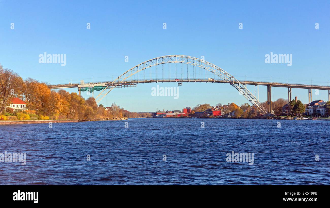 Steel Arch Bridge Over Glomma River in Fredrikstad Norway Autumn Day Stock Photo