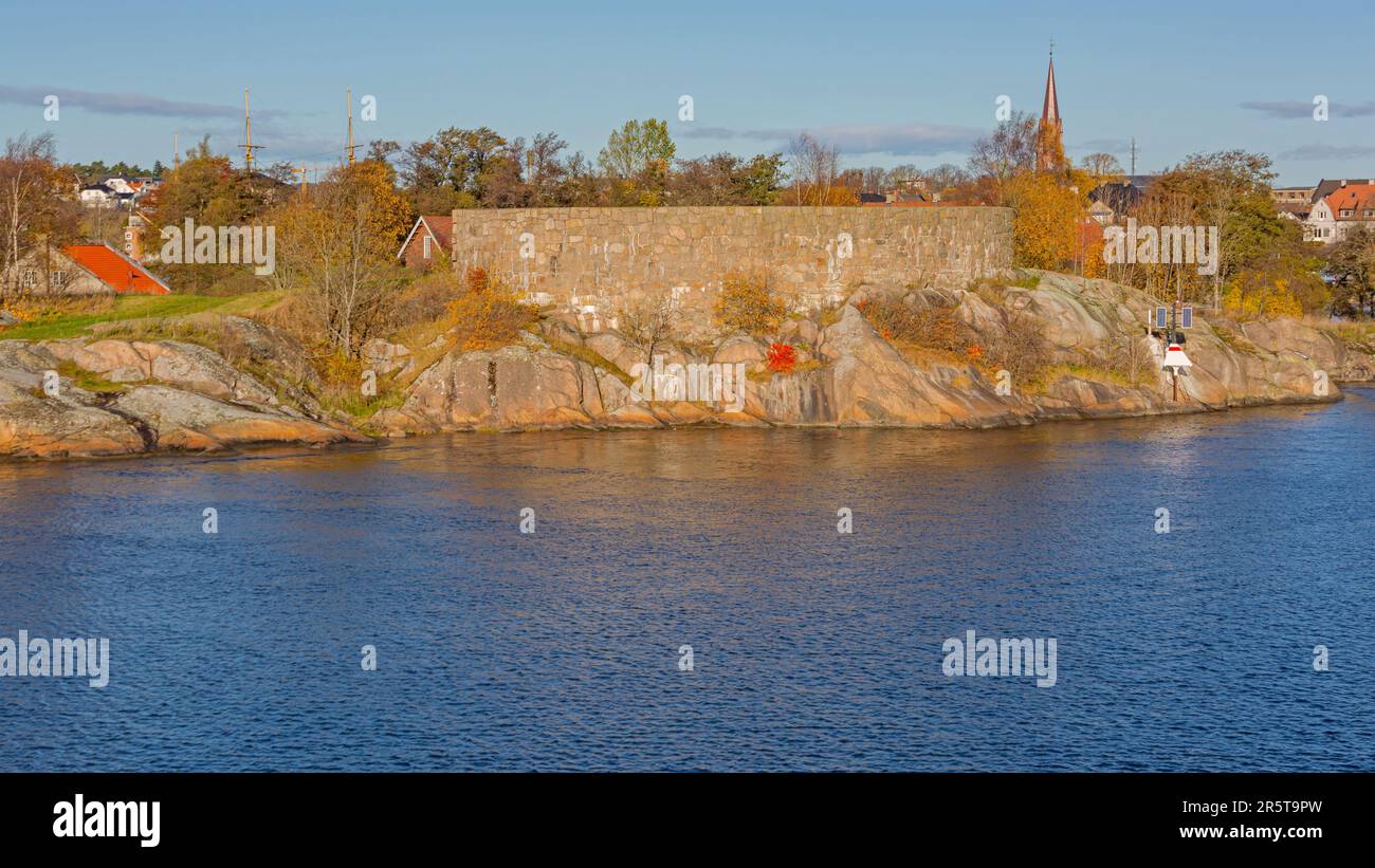 Isegran Fort Wall in Fredrikstad Norway at Glomma River Sunny Autumn Day Stock Photo