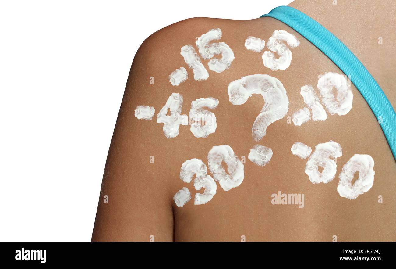 SPF sunscreen rating questions as sunblocks or Sun screen to help prevent skin cancer as UVB radiation protection as protective cream shaped as a ques Stock Photo