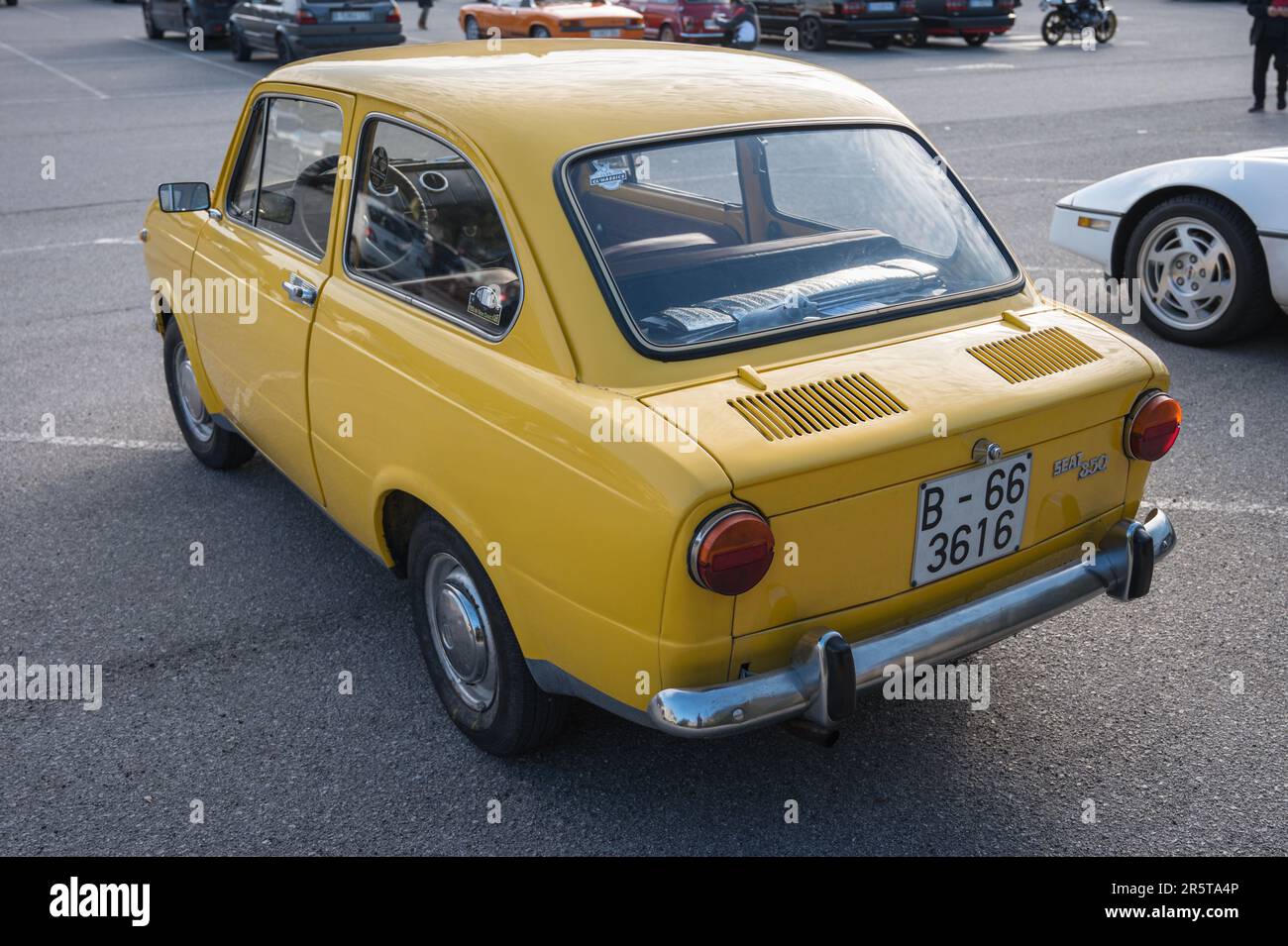 Rear view of a small classic Spanish economy car, the Seat 850 in ...