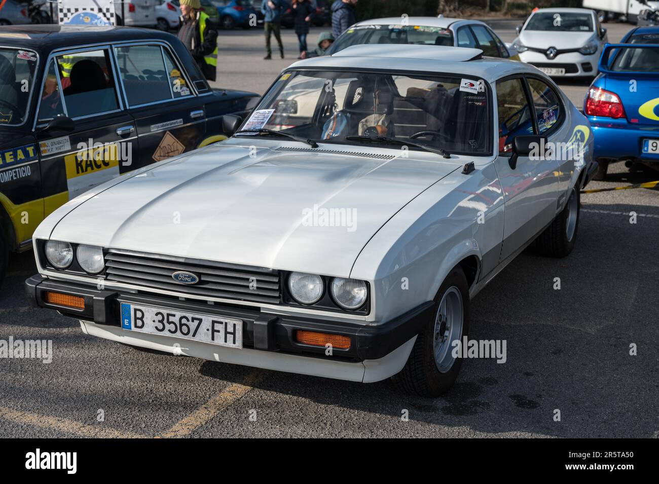 Front view of a classic white Ford Capri parked in Spain Stock Photo