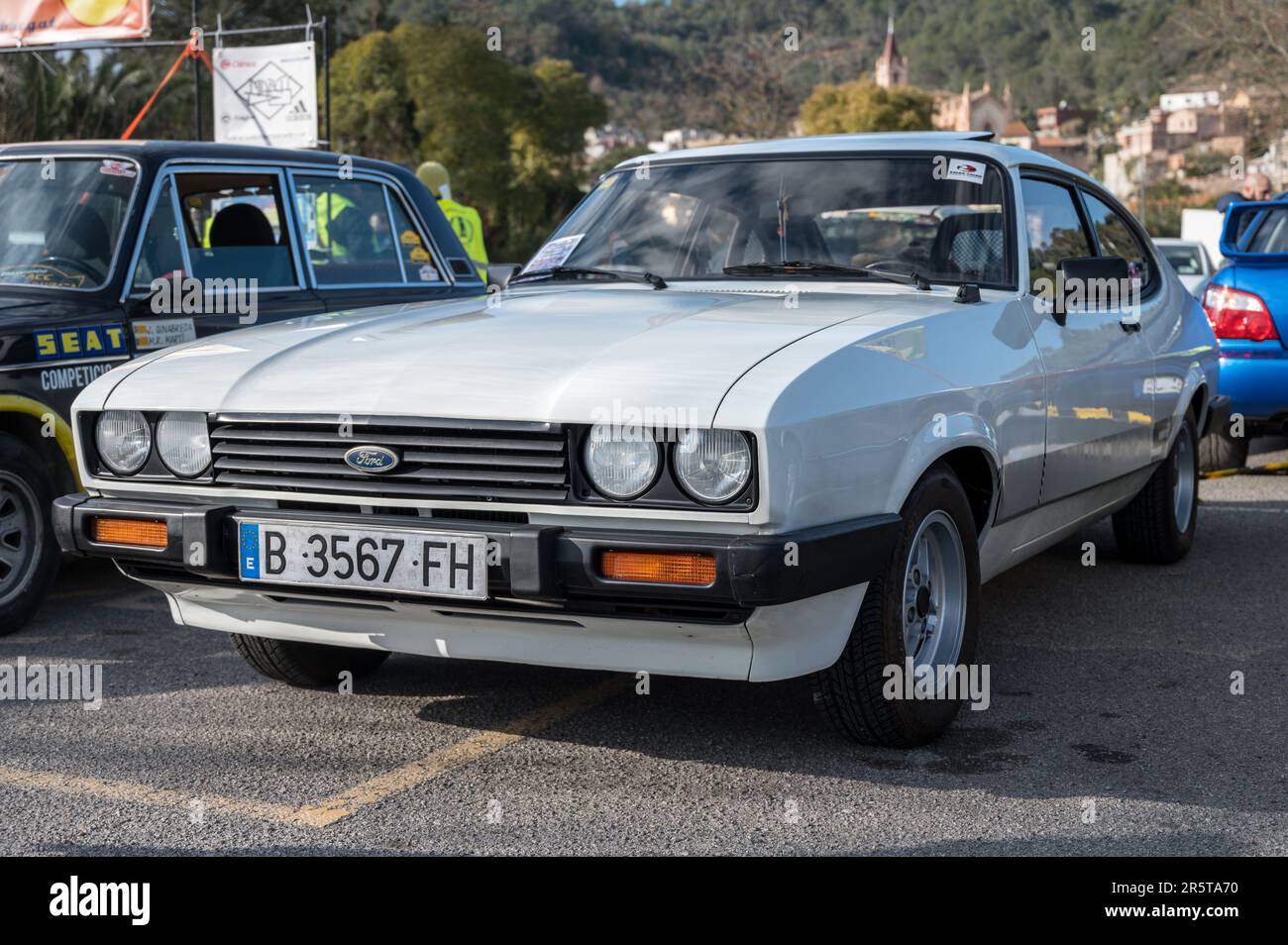 Front view of a classic white Ford Capri parked in Spain Stock Photo