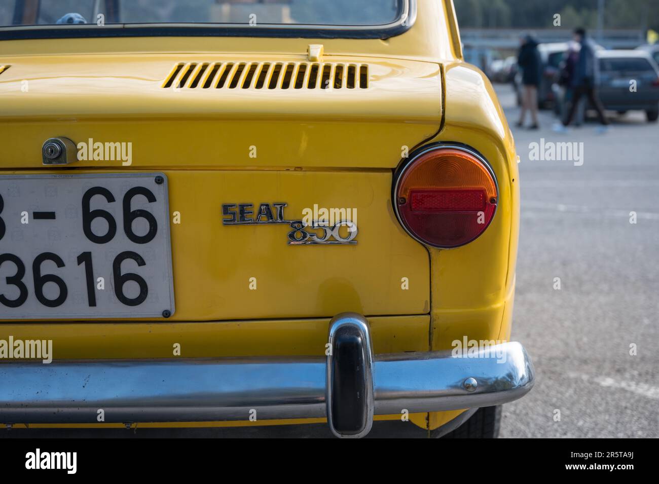 Rear view of a small classic Spanish economy car, the Seat 850 in