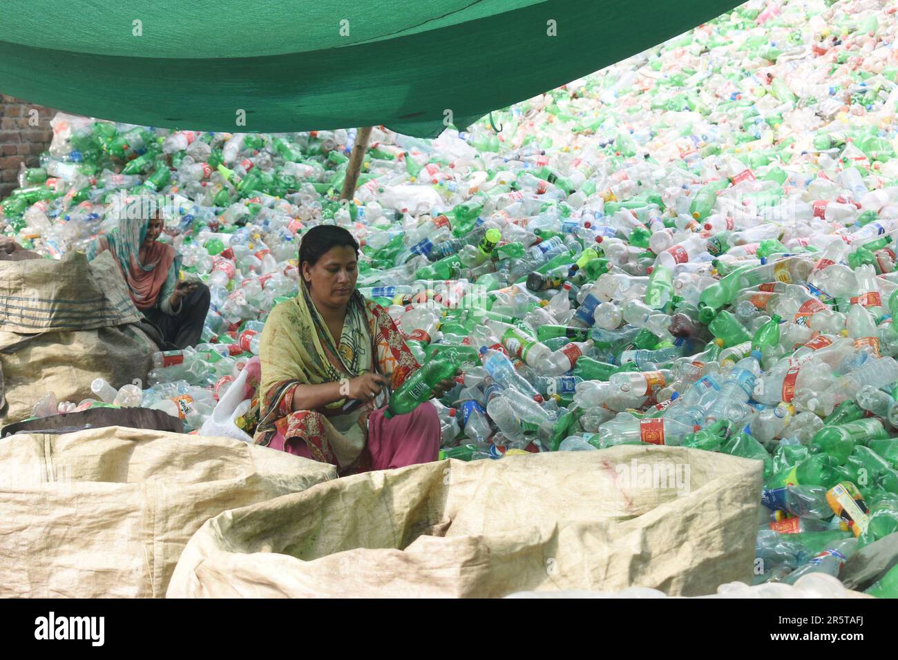 Lahore. 5th June, 2023. Workers check recycled plastic bottles at a