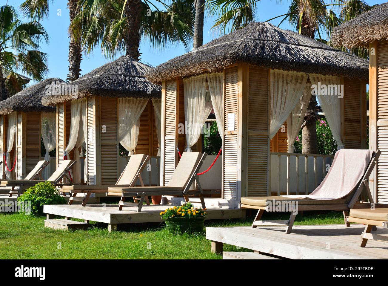 Empty gazebos for relaxing on the beach in Turkey Stock Photo Alamy