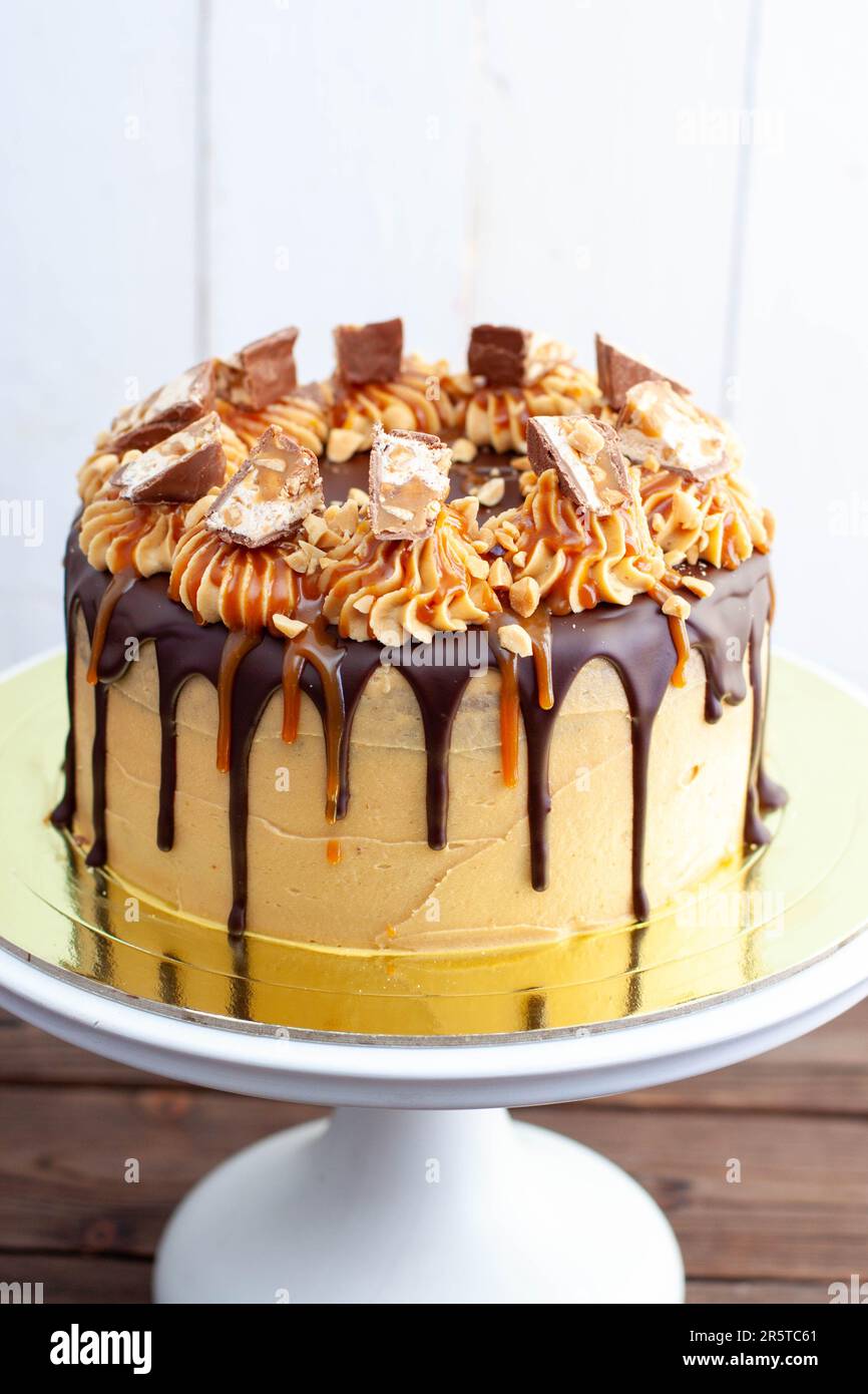 Gorgeous snickers cake with peanut butter cream, melted chocolate ...