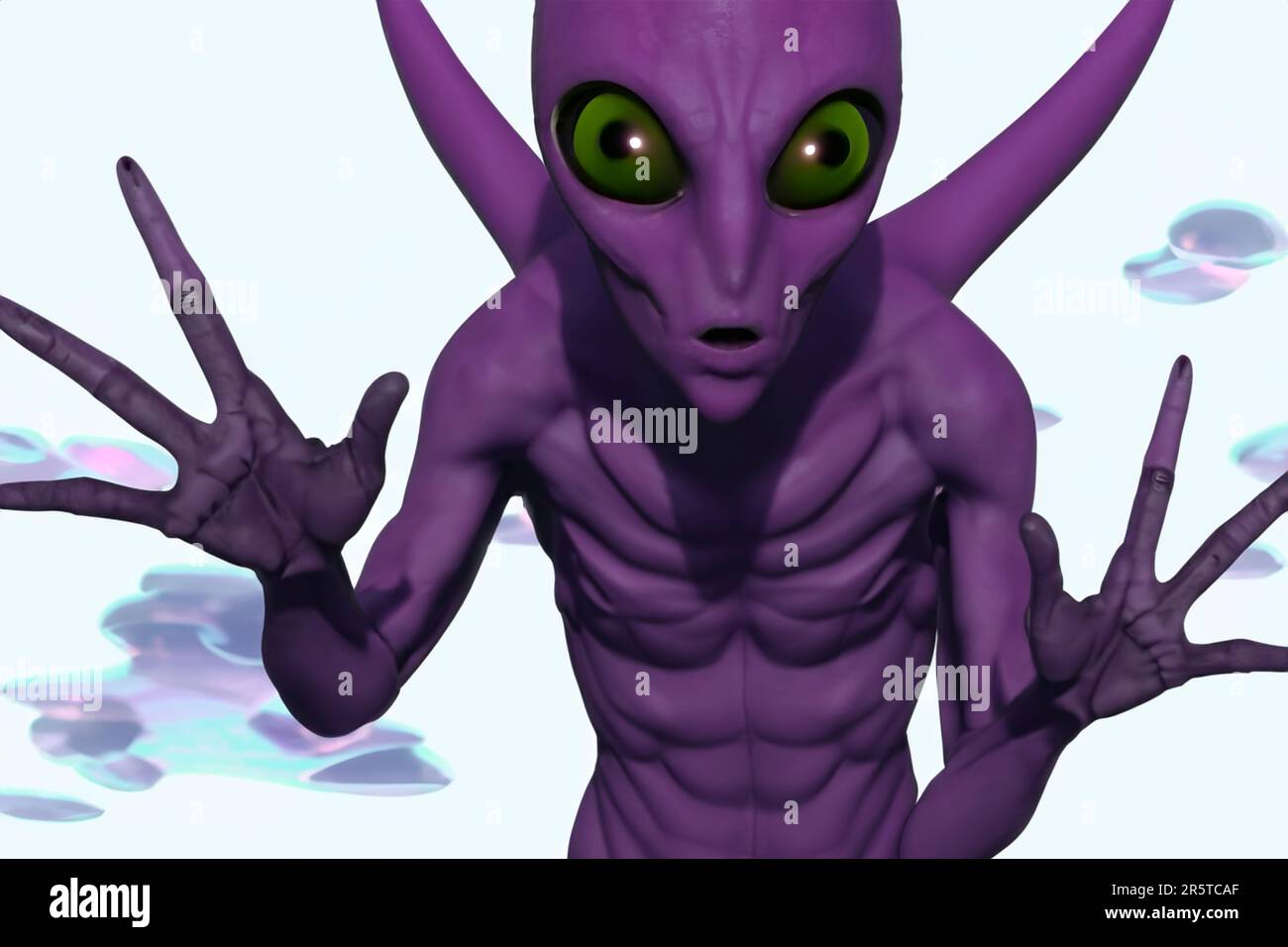 Alien. Alien character and UFO visitor and extraterrestrial humanoid creature sighting concept as a symbol for the search for intelligent life as a 3D Stock Photo