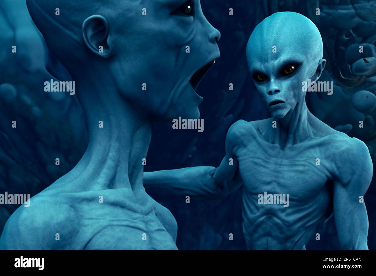 Alien. Alien character and UFO visitor and extraterrestrial humanoid creature sighting concept as a symbol for the search for intelligent life as a 3D Stock Photo