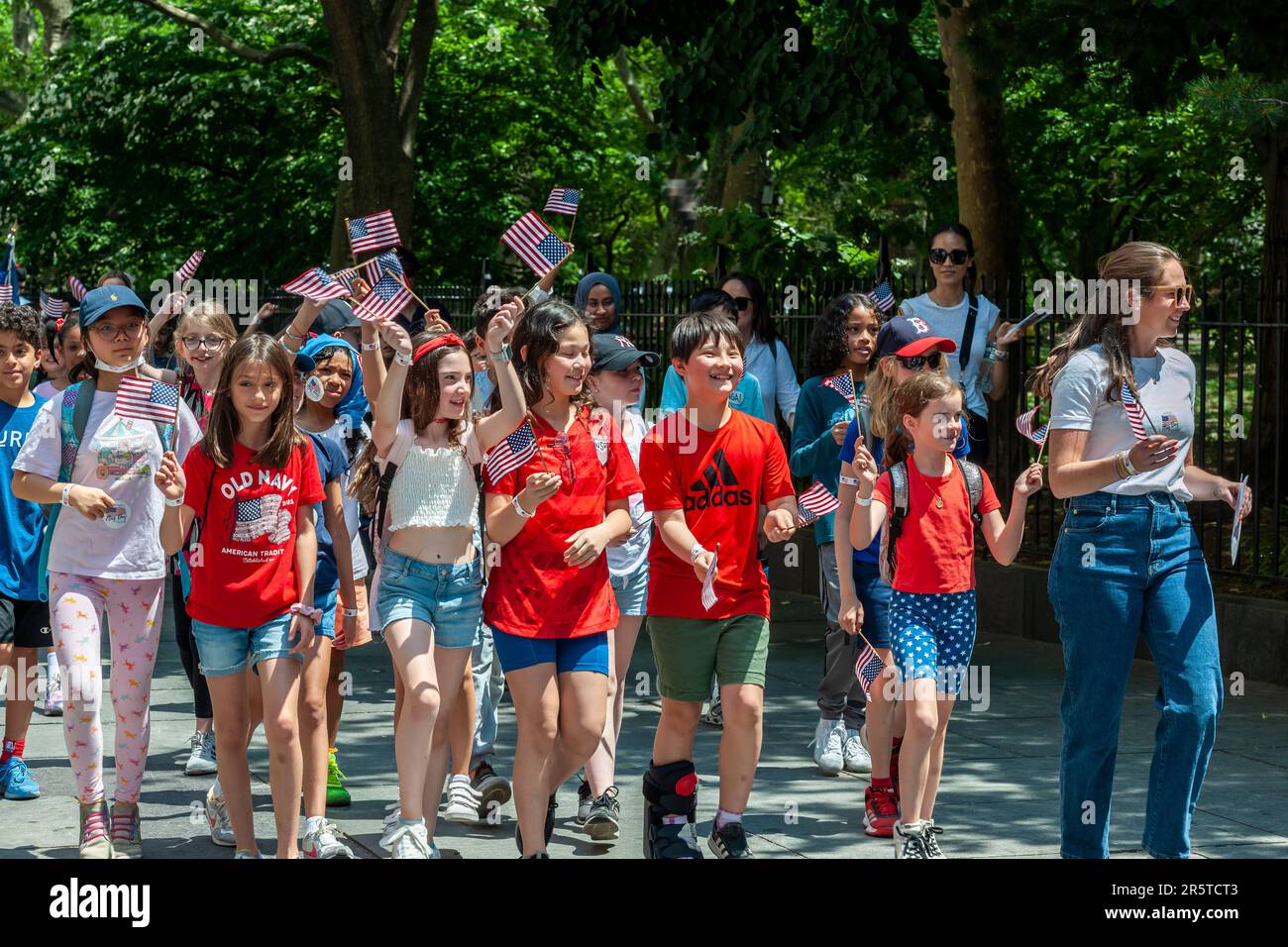 Marchers in the annual Flag Day Parade in New York, back from its pandemic hiatus, on Friday, June 2, 2023, starting at New York City Hall Park.  Flag Day was created by proclamation by President Woodrow Wilson on June 14, 1916 as a holiday honoring America's flag but it was not until 1949 when it became National Flag Day.  The holiday honors the 1777 Flag Resolution where the stars and stripes were officially adopted as the flag of the United States. (© Richard B. Levine) Stock Photo