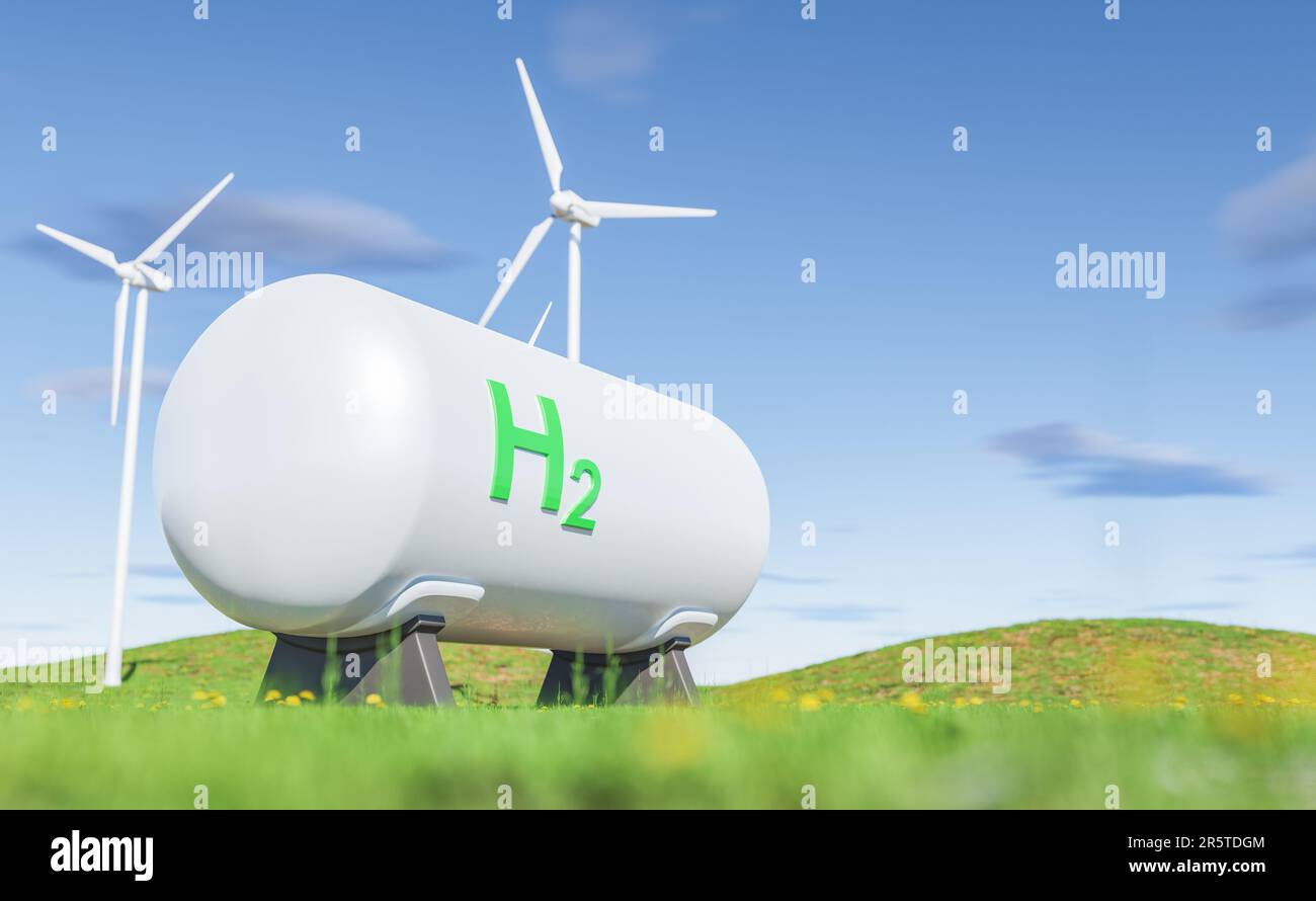 This stock photo features two large wind turbines in close proximity to an oil storage tank, prominently marked with the iconic green “H” logo Stock Photo
