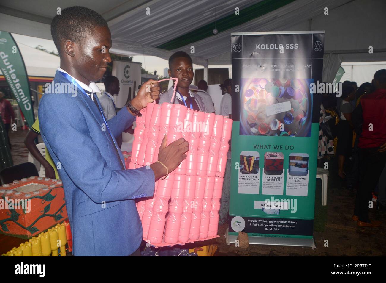 Kampala, Uganda. 5th June, 2023. An exhibitor shows a plastic bottle