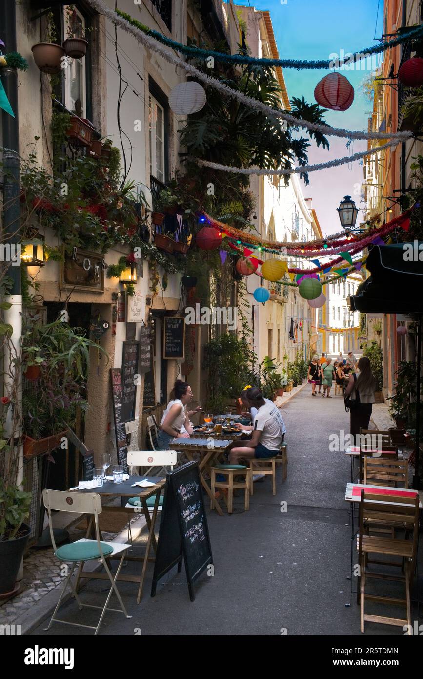 Roots tapas bar in the atmospheric Green Street of Lisbon Stock Photo