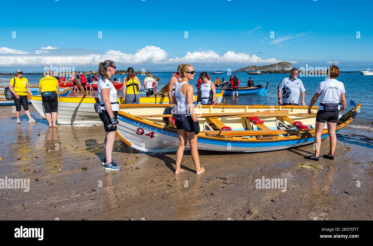 St Ayles' skiffs boats and crews on beach in coastal rowing regatta, Firth of Forth, North Berwick, East Lothian, Scotland, UK Stock Photo