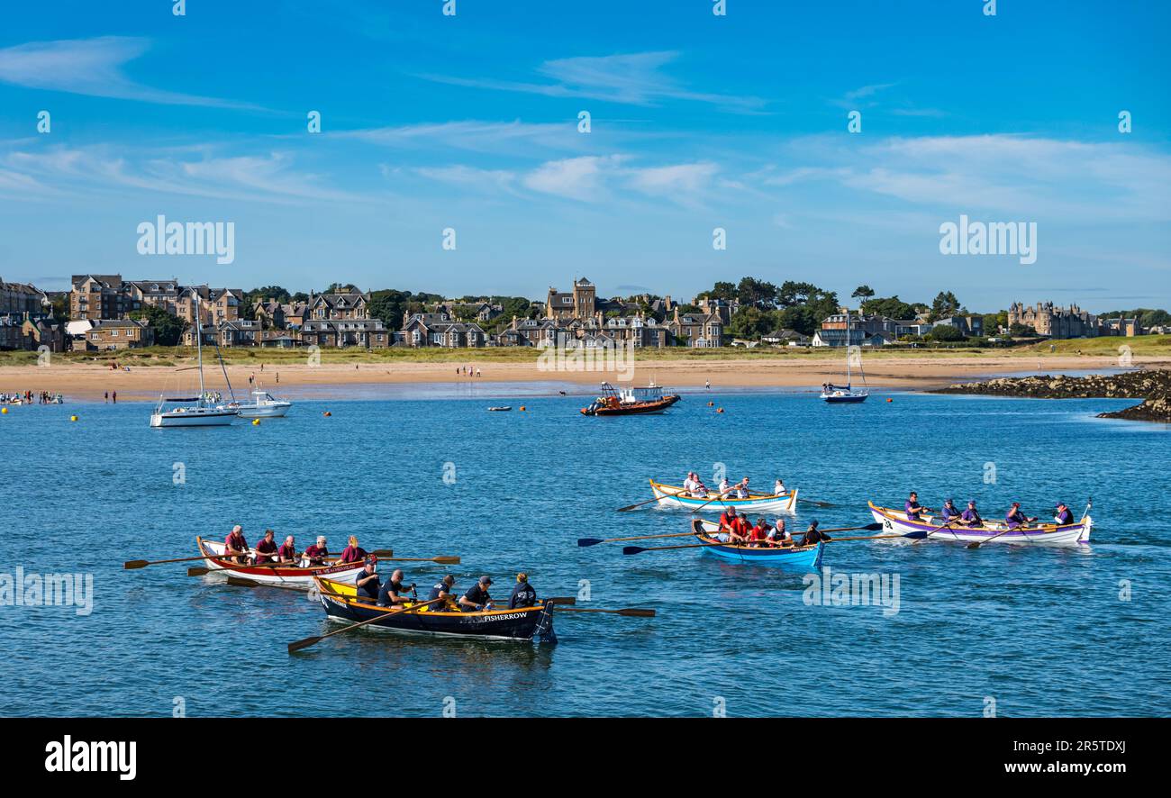 St Ayles' skiffs boats in coastal rowing regatta in sunny weather, Firth of Forth, North Berwick, East Lothian, Scotland, UK Stock Photo
