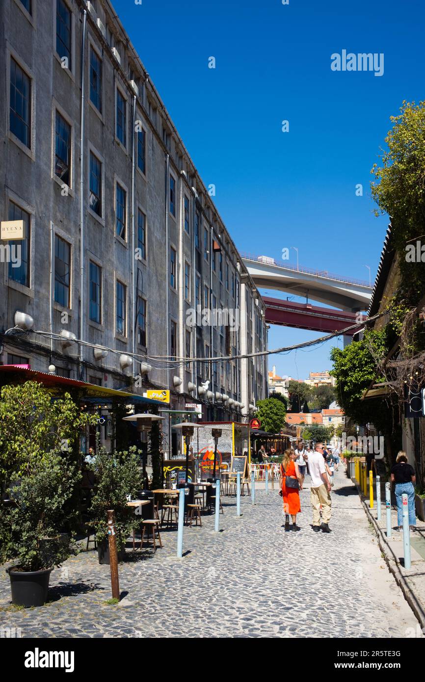 View along the main street in the LX Factory arts and food complex in the Alcântara district of Lisbon Stock Photo
