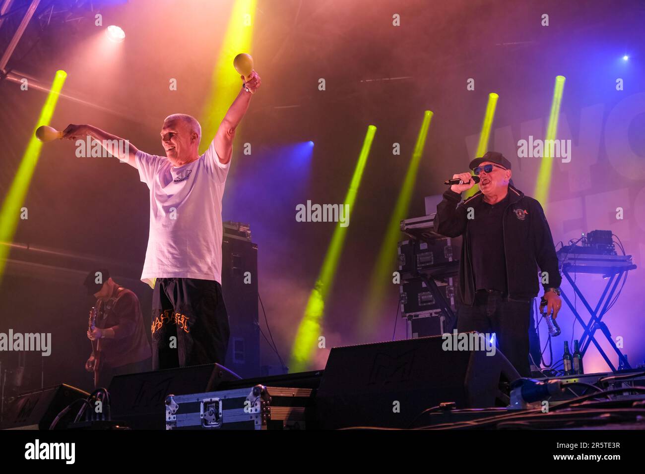 English, dancer, Mark Berry, aka Bez performing with The Happy Mondays  at Wychwood Festival, Cheltenham, UK. June 2, 2023 Stock Photo