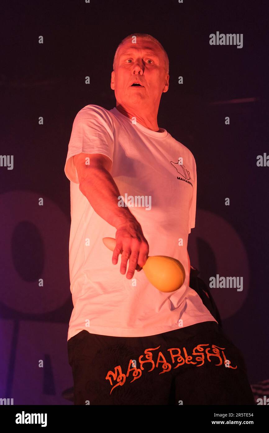 English, dancer, Mark Berry, aka Bez performing with The Happy Mondays  at Wychwood Festival, Cheltenham, UK. June 2, 2023 Stock Photo