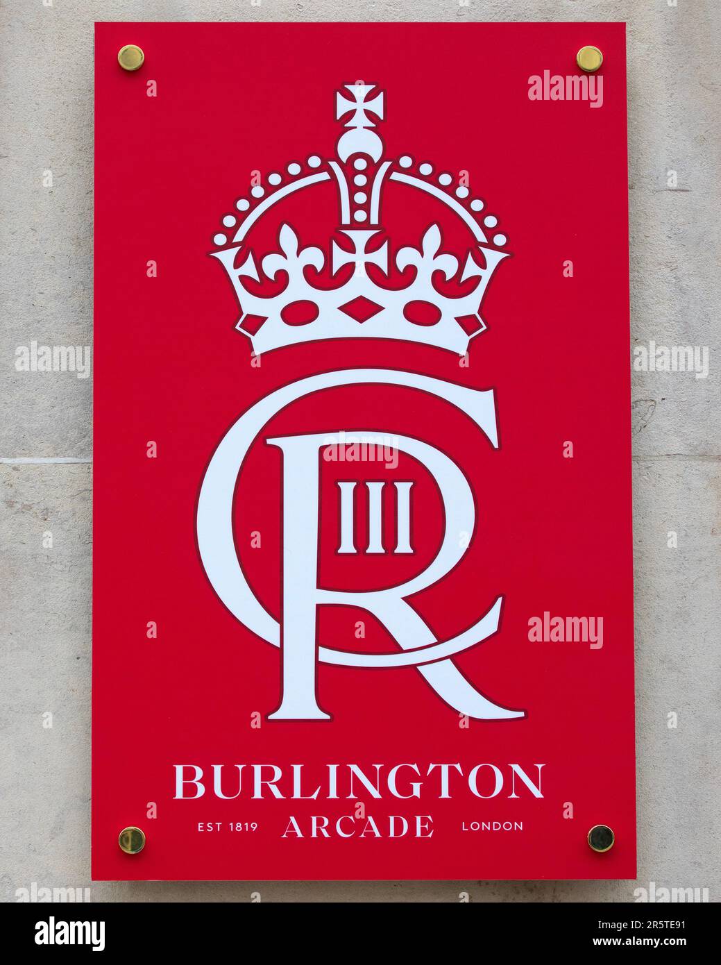 London, UK - April 30th 2023: The cypher of King Charles III, on the exterior of Burlington Arcade in London, UK. The logo is on display to commemorat Stock Photo