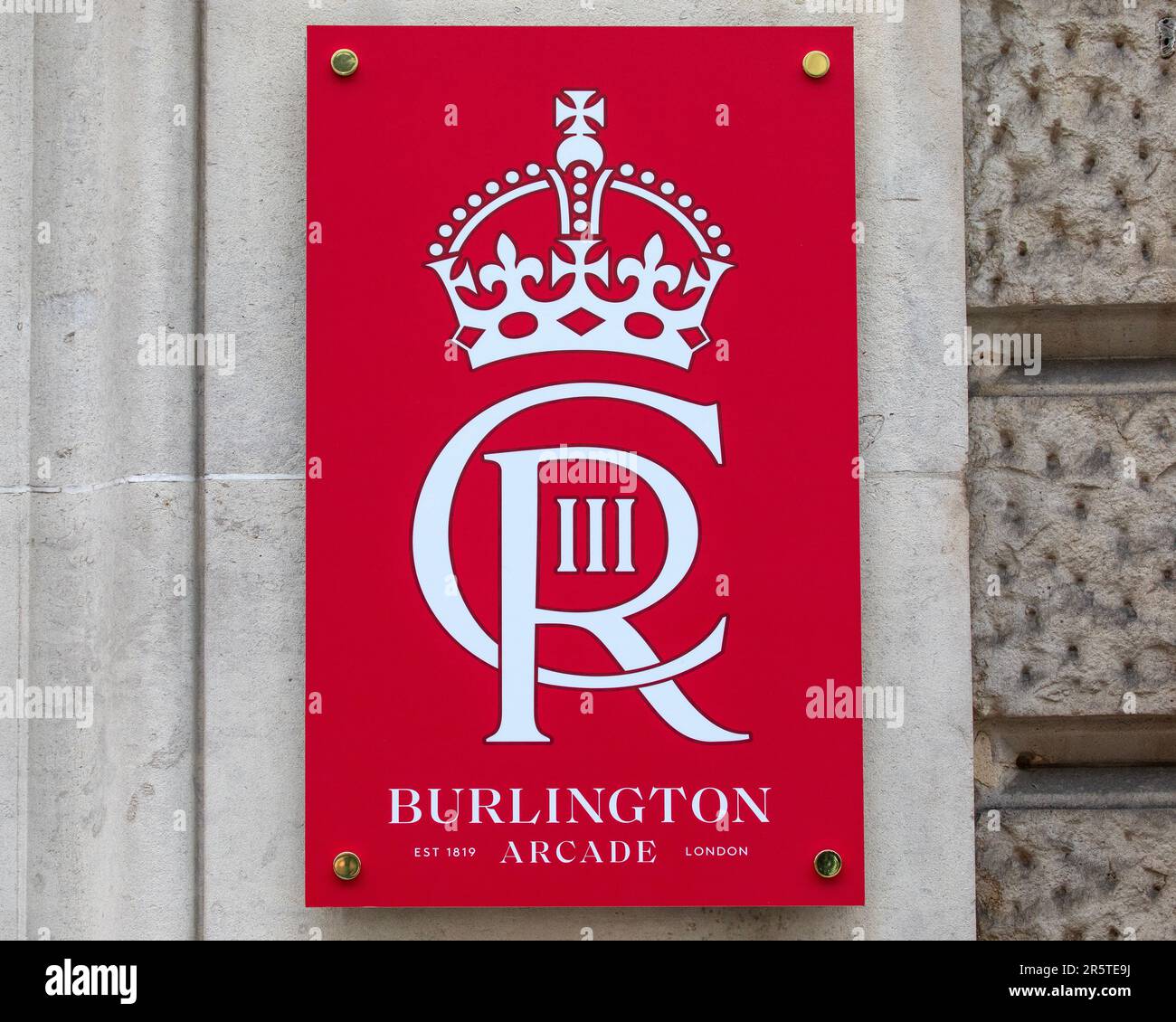 London, UK - April 30th 2023: The cypher of King Charles III, on the exterior of Burlington Arcade in London, UK. The logo is on display to commemorat Stock Photo