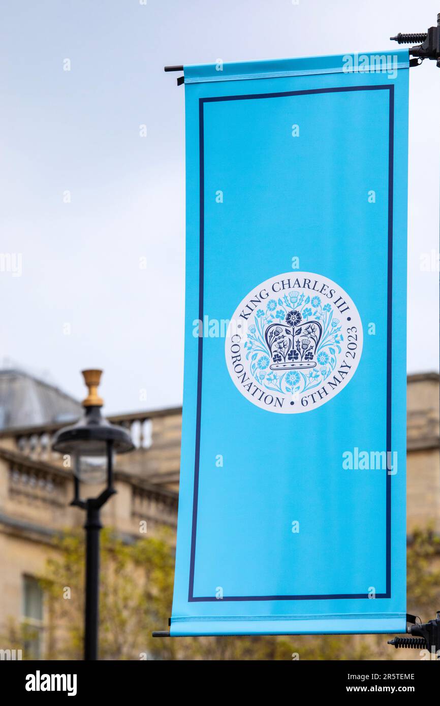 London, UK - April 30th 2023: A banner at Trafalgar Square in London, UK, in preparation for the Coronation of King Charles III. Stock Photo