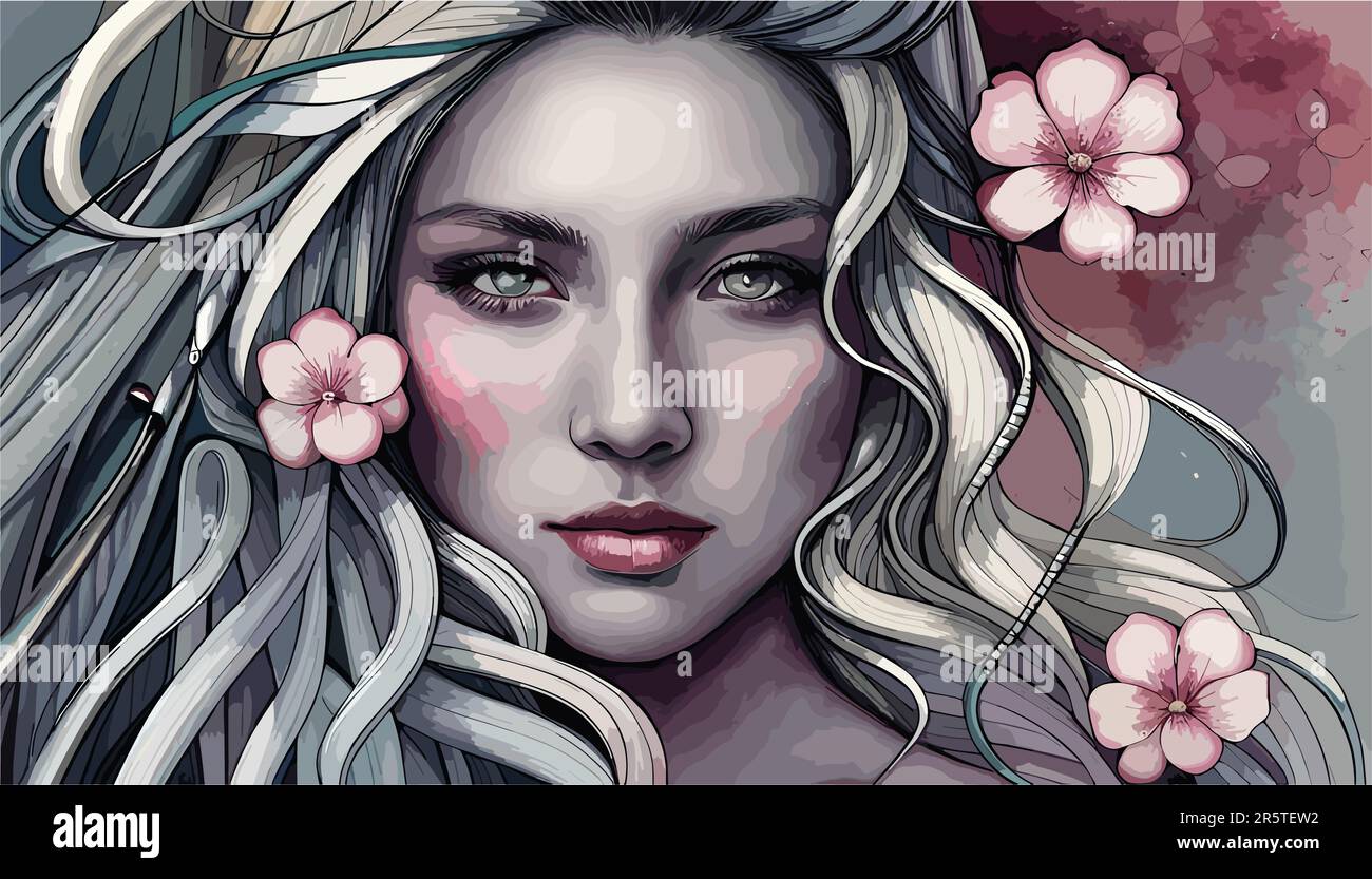 beautiful women portrait with flowers vector art wallpaper Stock Vector