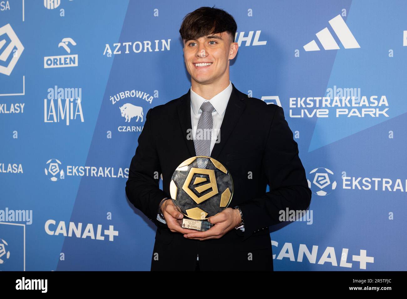 Warsaw, Poland. 29th May, 2023. Ariel Mosor of Piast Gliwice with award for  the best young player of the season 2022/23 seen during the Gala of  Ekstraklasa 2023 in Warsaw. (Photo by