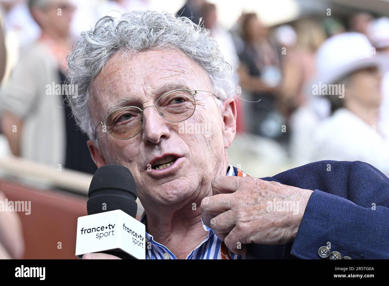 Nelson Monfort, journalist for French TV channel France Televisions (FranceTV Sport), during the French Open, Grand Slam tennis tournament on June 4, 2023 at Roland Garros stadium in Paris, France