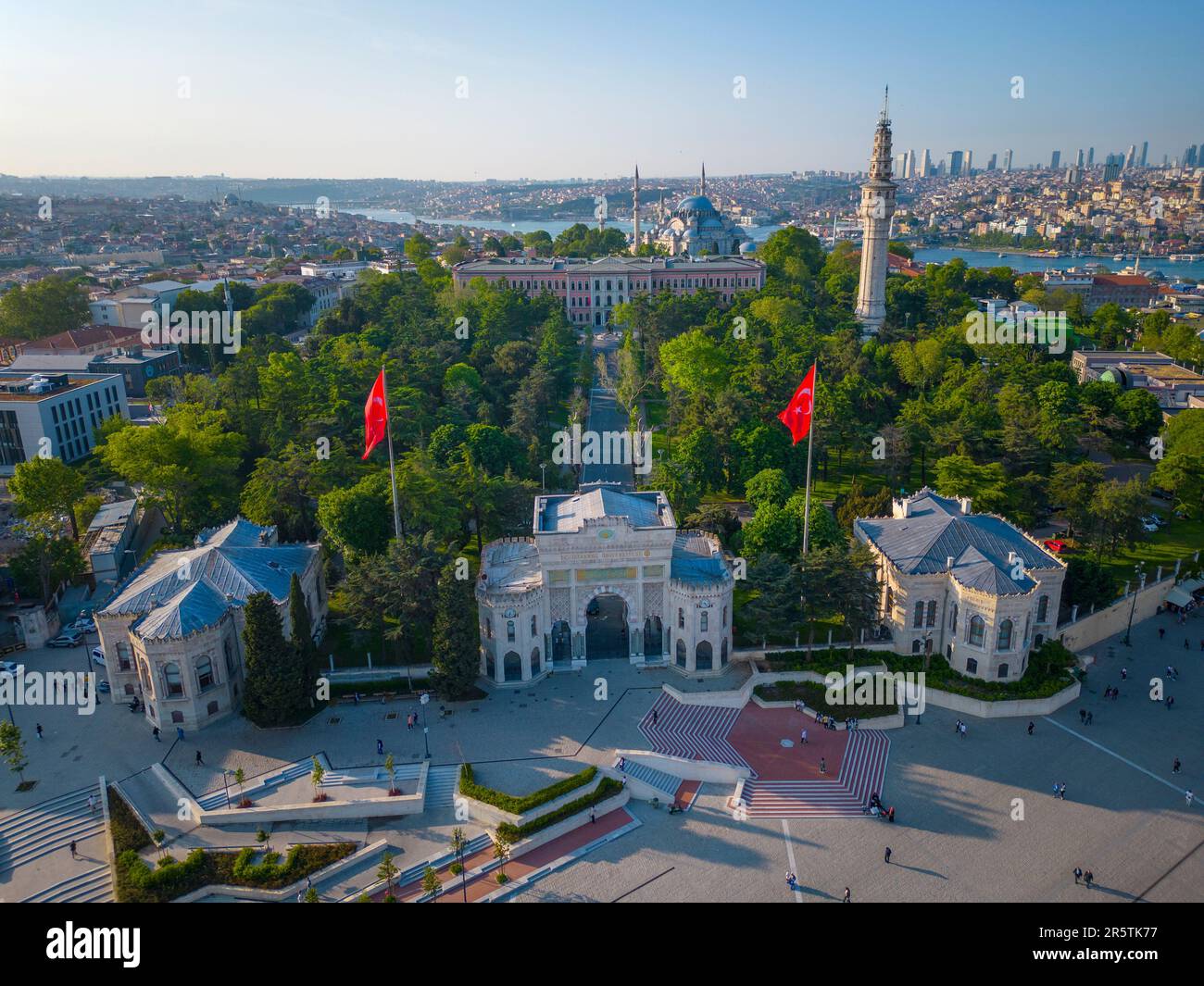 Istanbul University aerial view including Main Gate and Beyazit Tower on Beyazit Square in historic city of Istanbul, Turkey. Historic Areas of Istanb Stock Photo