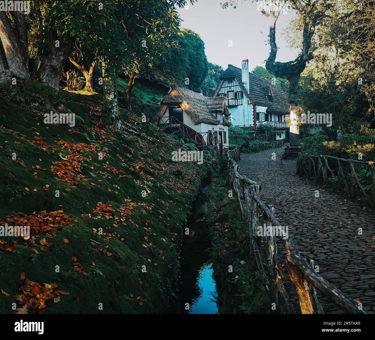 A scenic view of a stone paved path with rustic cottages. Queimadas Forest Park, Madeira. Stock Photo
