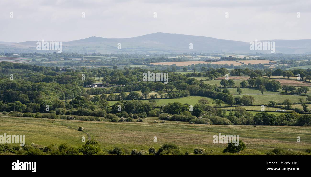 A patchwork of farm fields and woodland covers rolling hills near Okehampton in West Devon, with the high tors of Dartmoor rising behind. Stock Photo