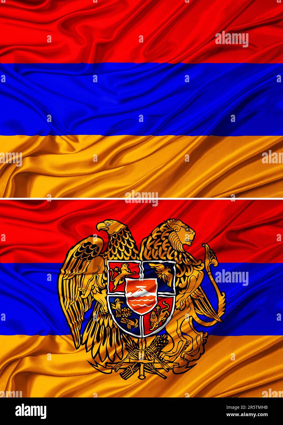 A picture of a flag with two coats of arms and two eagles in the middle
